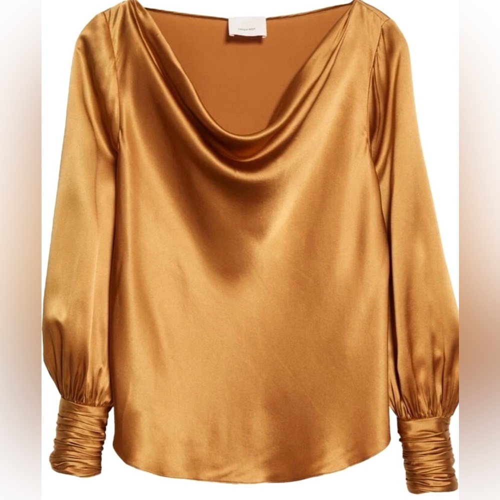 Cinq à Sept Taylee Cinnamon Bronze Cowlneck and Button Cuff 100% Silk Blouse